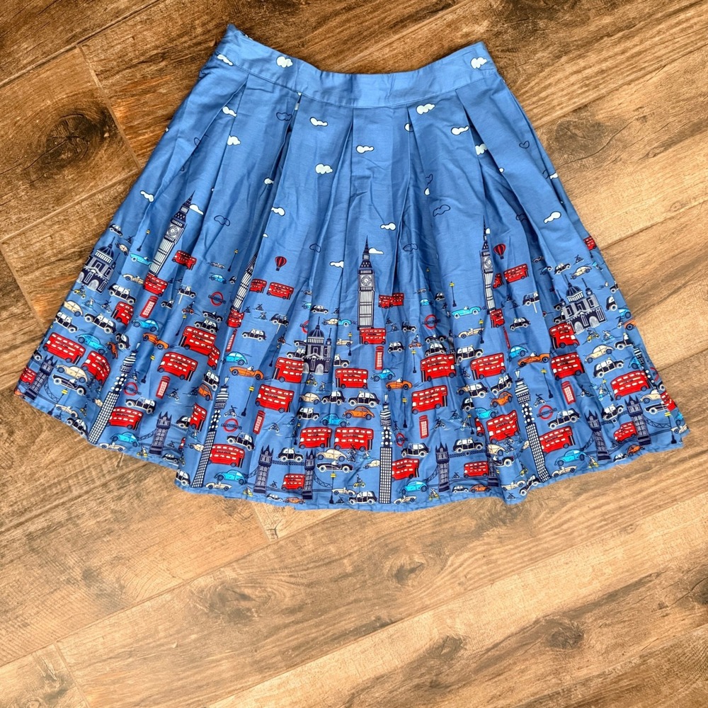 Handmade Women's Retro Kitschy London Novelty Pleated Midi Skirt, Blue, L